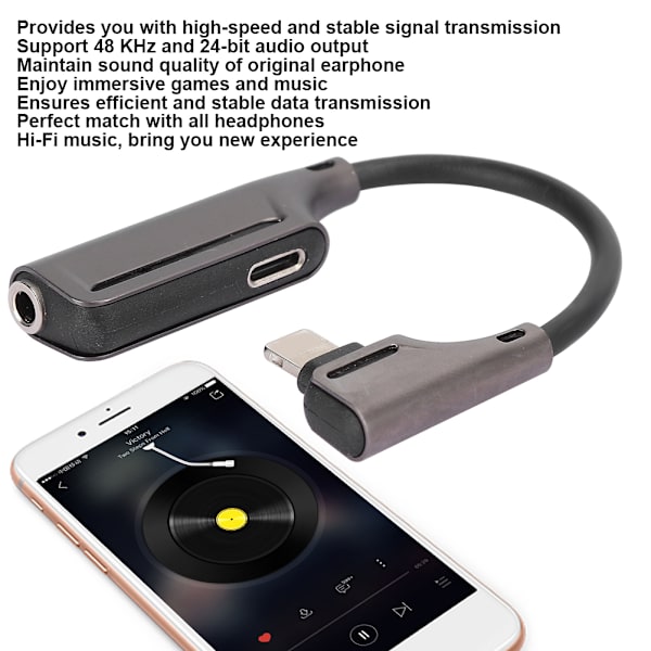 2 i 1 Hovedtelefon Oplader Adapter Aluminiumlegering Stik og Spil 3,5MM Hovedtelefonstik til IOSSort