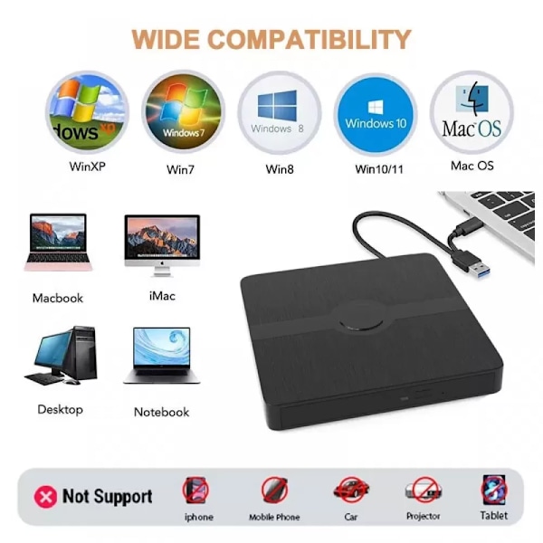 Extern Bluray DVD-enhet, Hög Prestanda och Funktionalitet, Portabel 3D Bluray Extern DVD-enhet för Windows och Mac, Kompatibel med USB 3.0 och