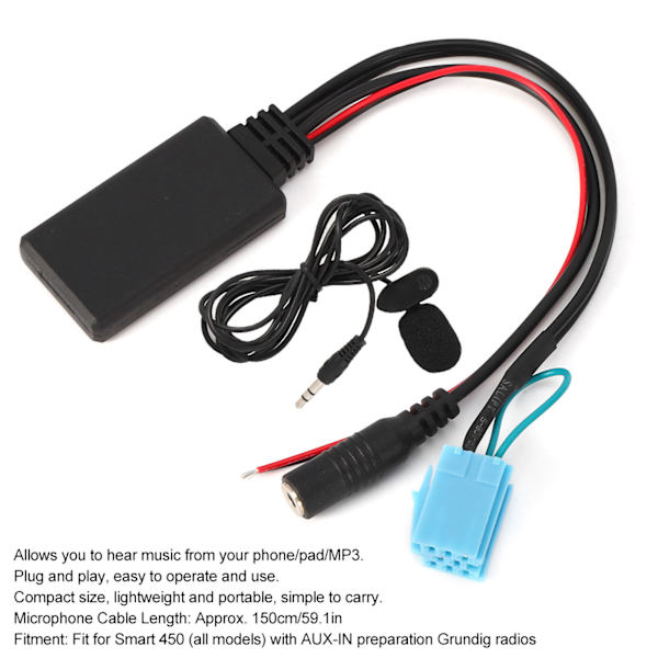 8-polet Bluetooth AUX-indgangskabeladapter med mikrofon til håndfri opkald, passer til Smart Fortwo 450