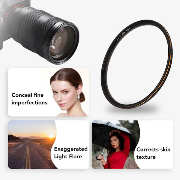 Pehmeä diffuusio 1/4 suodatin sumu unelmamainen elokuvamainen tehosuodatin matta huurrettu optinen lasisuodatin DSLR-kameralle mikroobjektiivi 77mm