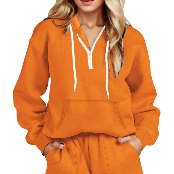 Halv Dragkedja Huvtröja Blus Dragsko Fickor Casual Topp Huvtröjor Långärmad Mjuk Stilren Pullover Blus för Kvinnor Orange XL