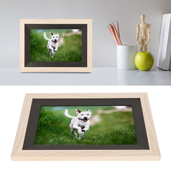 10,1 Tums Digital Foto Ram 1280x800 IPS Pekskärm WiFi Elektronisk Bildram med Träram 100‑240V EU-kontakt