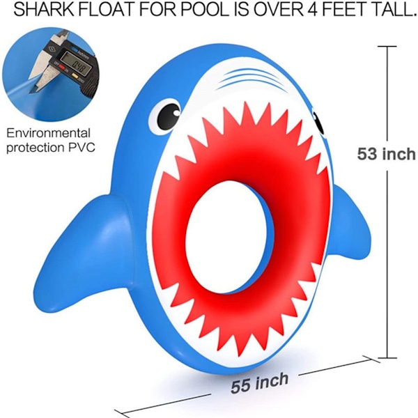 Stor Badring med Söt Hajform, Uppblåsbar Flytleksak för Sommarlek vid Sjöar, Stränder eller Pooler (Mer än 1,2 Meter Hög)