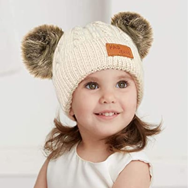 Toddler Hat， Färg Vinter Dubbel Pom Pom Stickad Mössa