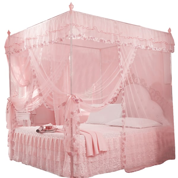 Luksus Prinsesse 3 Side Åbninger Post Seng Gardin Baldakin Netting Myggenet Sengetøj (Pink S)