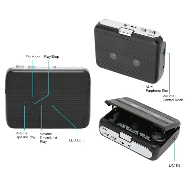 TON007B Bluetooth Kassetteafspiller med Hovedtelefon Auto Reverse Funktion Stereo KassetteafspillerSort
