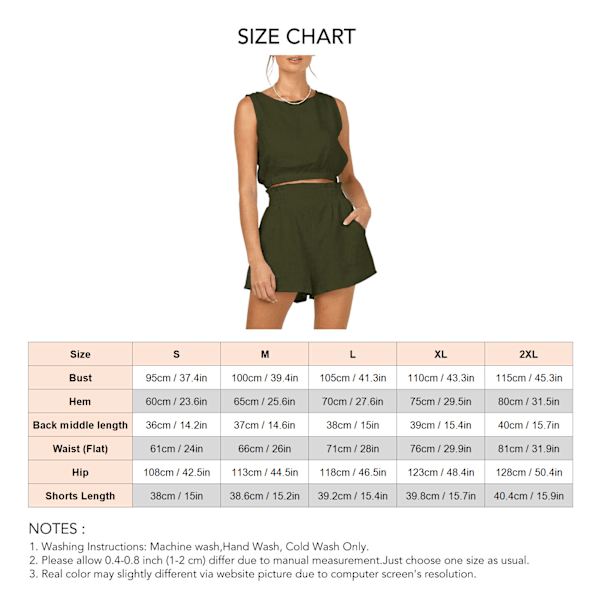 Dam Pure Color 2-delat Set Casual Crewneck Tank Top Rynkad Högmidjade Shorts Set för Dejting OD Grön L