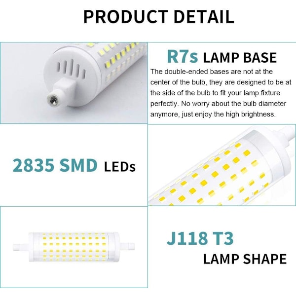 Energieffektiv R7S LED-lampa, 15W, motsvarar 150W halogen, 1500 Lumen Varmvitt Ljus, 2-pack, Lämplig För Trädgårds- och Hallapplikationer