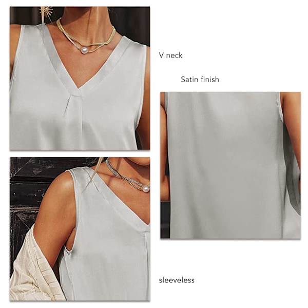 Dam V-ringad Tank Top Enfärgad Satinfinish Trendig Ärmlös Satin Enfärgad Topp Ljusgrå XL