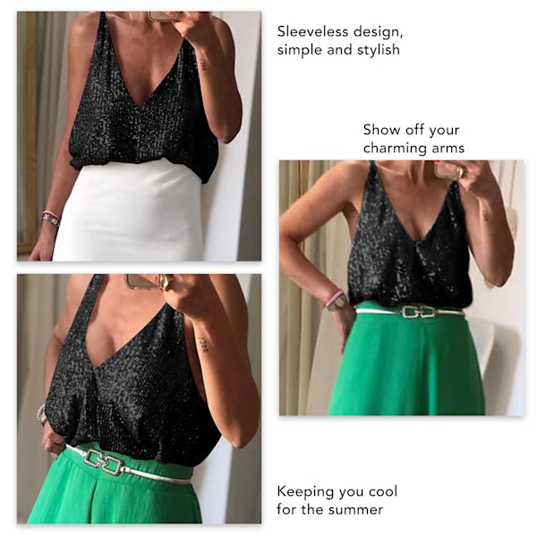 Dam Camisole Topp Paljetter V-ringning Rund Hals Framsida Baksida Bekväm Ärmlös Camisole Topp Svart L