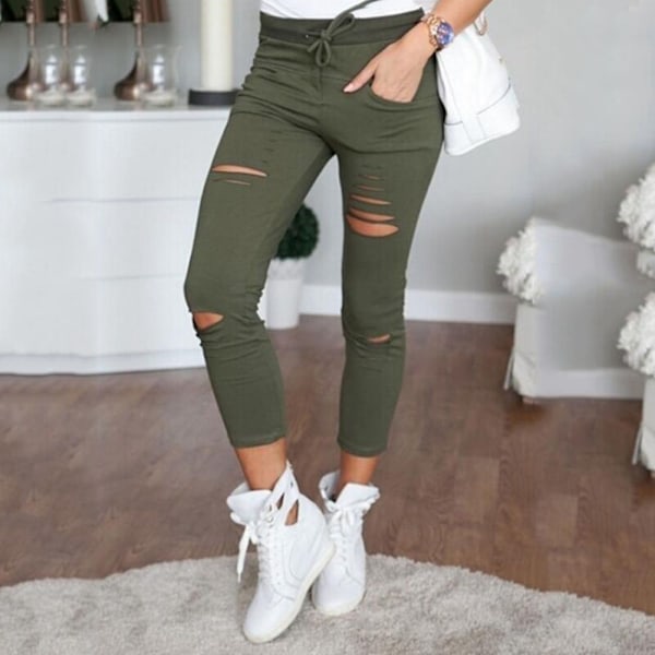 Women High Waist Ripped Hole Jeans Stretch Trousers Skinny Ninth Pencil Pants (Army Green, S)