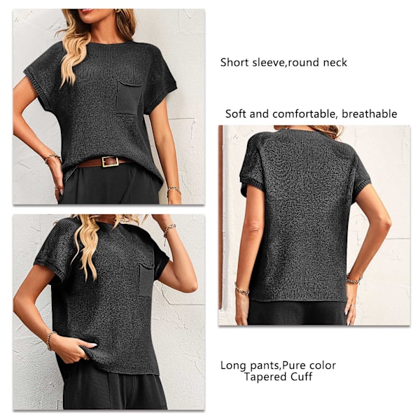 Dam Tvådelade Set Kortärmad Tröja Stickad Pullover Topp Avsmalnande Byxor Lounge Set Svart M