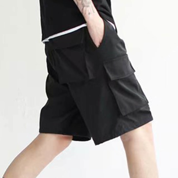 Herr Sommarshorts Multipla Fickor Dragsko Knälång Lös Passform Trendiga Casual Strandshorts Svart XL