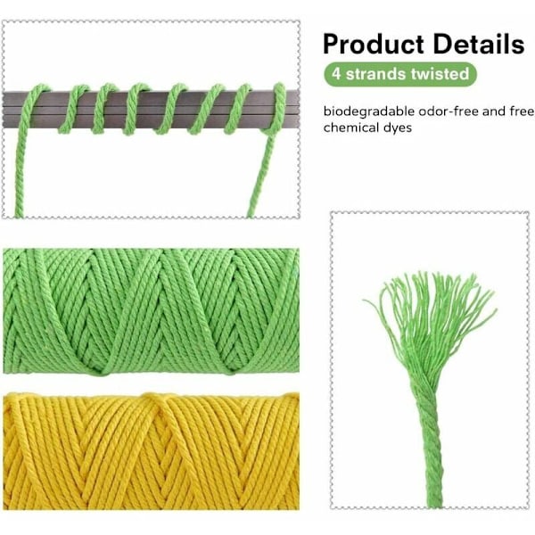 Färgad Makramésnöre för Väggbonader, Naturligt Bomullsrep, Mjukt och Hållbart Makramématerial, 3 mm x 100 m, Perfekt för DIY-hantverk, Tvinnat Bomullsrep
