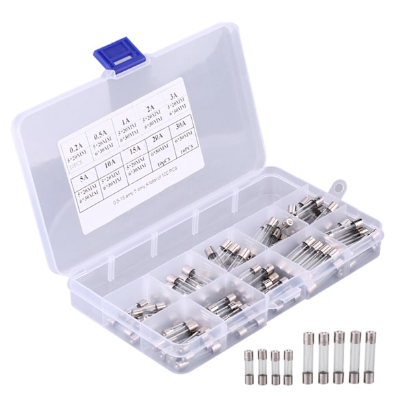 100 st 5*20mm 6*30mm sortiment bilglas säkring rör kit 0.2A 0.5A 1A 2A 3A 5A 10A 15A 20A 30A