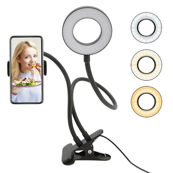 Selfie Ring Light 10 nivåer lysstyrke 3 lysfarger 5000K LED kamera ringlys for salong sminke svart