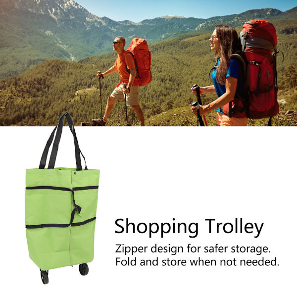 Bærbar indkøbsvogn sammenklappelig taske stor kapacitet lynlås design med hjul til camping grøn
