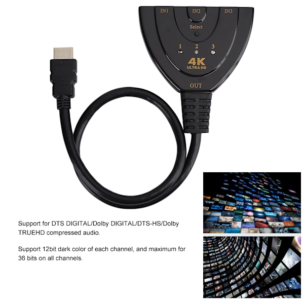 3x1 4K 3D 1080p Mini HDMI Splitter Hub Kabel Switch för DVD/HDTV/Xbox/PS3/PS4 Svart