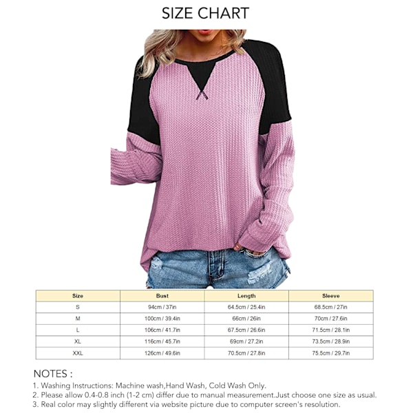 Dam Färgblockering Långärmad Rundhalsad T-shirt Elegant Rund Hals Kvinnlig Dam Färgblock T-shirt Rosa M