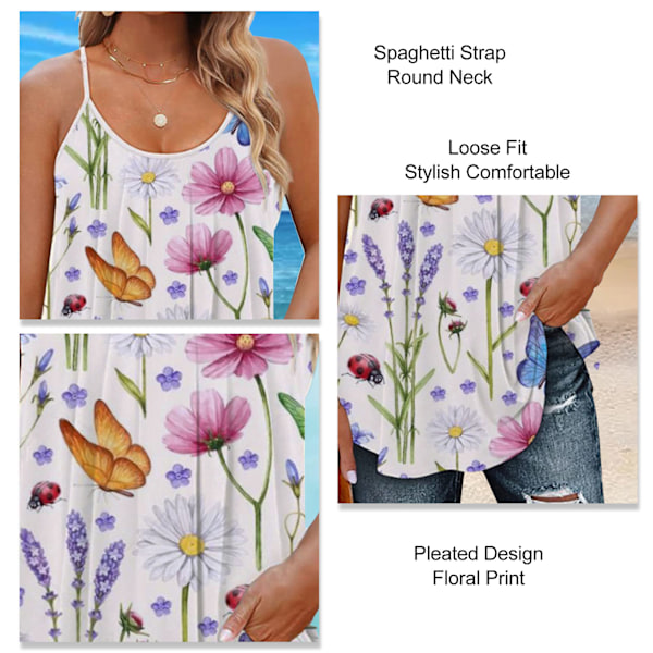 Dam Spaghetti Strap Topp Blomstermönstrad Rund Hals Plisserad Lös Passform Sommar Ärmlös Topp Stil 1 XXL