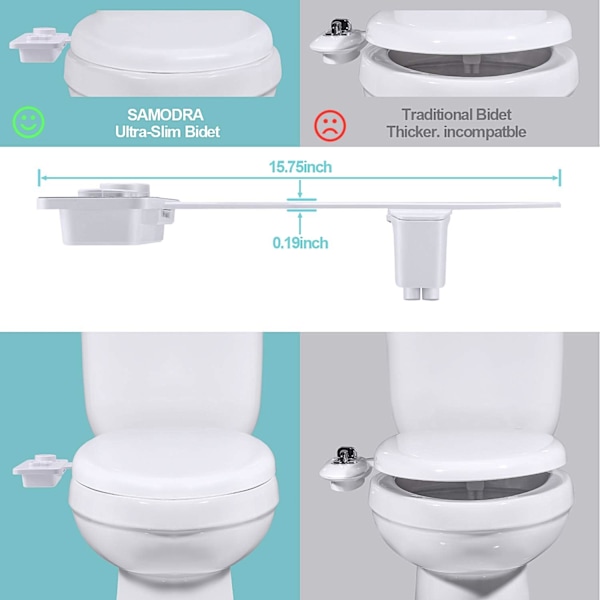 Bidet-fäste, icke-elektrisk kallvatten-bidettoalettfäste med tryckkontroller, infällbara självrengörande dubbla munstycken för frontal &