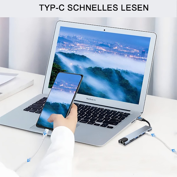 Multifunktionell USB C Hubb, 4K HDMI-adapter för MacBook Pro, Chromebook och mer, med Ethernet 100M, PD-laddning, SD-kortläsare, TF-kortplats,
