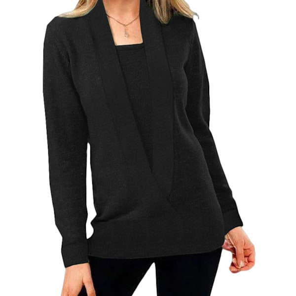 2 i 1 Långärmad Skjorta Casual Enfärgad Lös Mjuk Elegant Bekväm Tröja Blus för Kvinnor Svart S