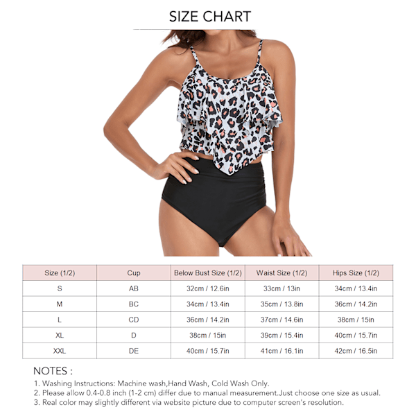 Dam Split Baddräkt Set Dubbla Lager Volanger Tryckt Bikini Polyester Sommar Baddräkt Överdel Leopardtryck Underdel Svart M