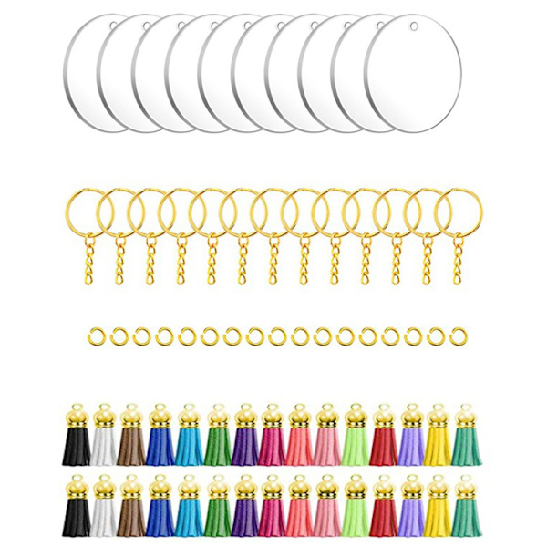 120 st nyckelring set stabil akrylplatta kedja nyckelring länkring läder tofs kit för DIY dekoration guld färg