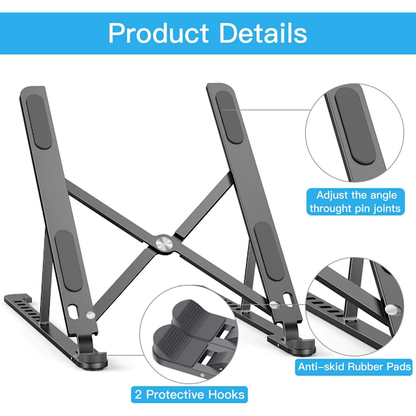 Ergonomisk Design, Justerbart Laptopställ för Skrivbord, 8 Höjdnivåer Från 6 cm Till 16 cm, Bred Kompatibilitet Med Upp Till 17 Tum