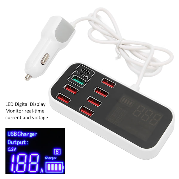 Auton laturi, moniporttinen USB-latausasema, 8 porttia, nopea PD QC 3.0 Type C -portti, puhelinhubi LCD-näytöllä