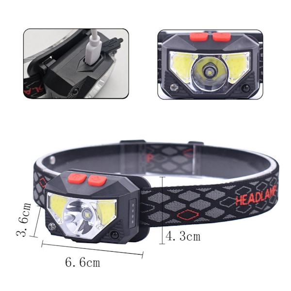 Uppladdningsbar Pannlampa, Rörelsesensor, Superstark LED, IP65 Vattentät, 6 Ljuslägen För Camping Cykling, USB C Uppladdningsbar, Väderbeständig