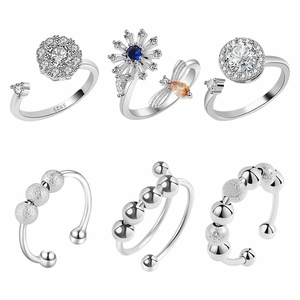 6 stk. justerbare roterende ringe unisex angst ring til anti-stress fingerringe fødselsdagsgaver
