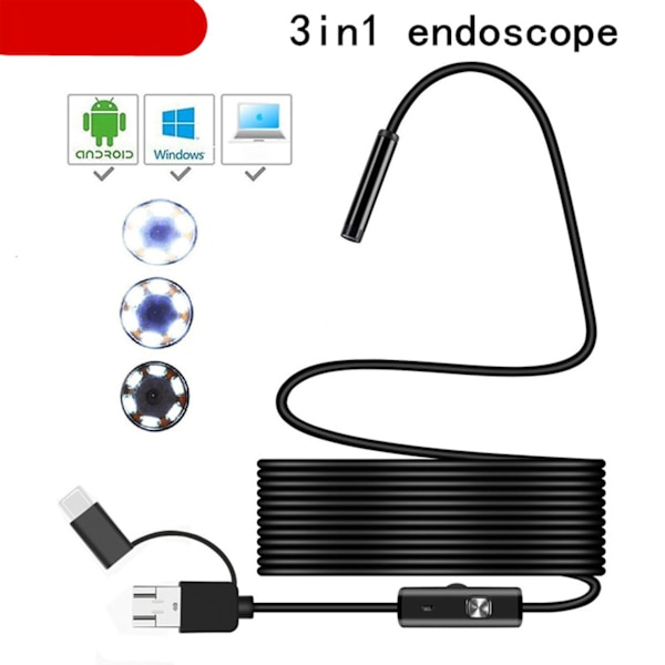 USB Industriell Endoskop Slang 5m Kabel Hög Definition Metall Inspektionskamera för Telefon Dator