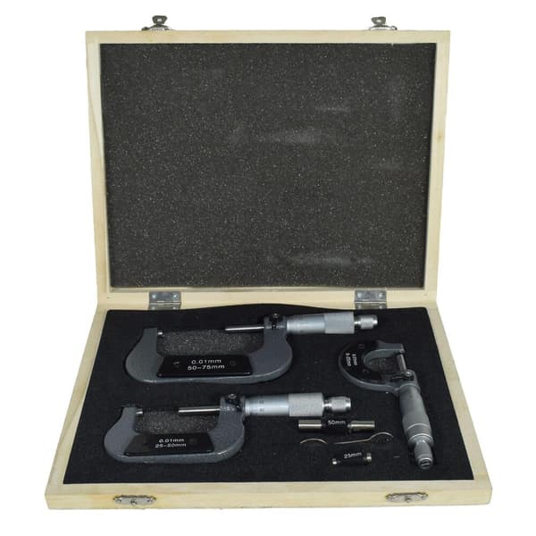 GETIT 3 stk. utvendig justerbar metrisk mikrometer med karbidambolter 0 - 75 mm
