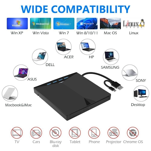 Ultratunn & Portabel Extern CD/DVD-enhet, Plug & Play Optisk Enhetsfunktionalitet för Bred Systemanvändning, Höghastighets USB 3.0 för Laptop,