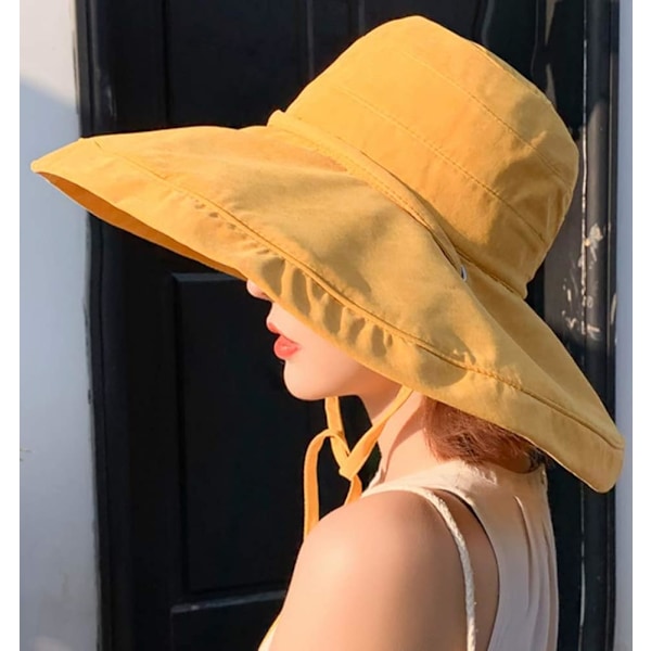 Solhatt för kvinnor, hopfällbar och vändbar bucket hat med UV-skydd, bredbrättad sommarhatt för stranden$Solhatt för kvinnor, bredbrättad sommarhatt för stranden Yellow
