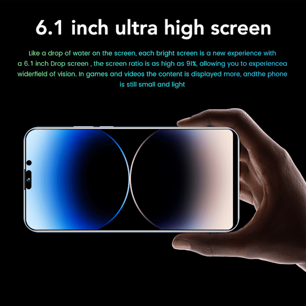 I14 Pro Max Smartphone för Android 8.1 6.1in 4GB RAM 32GB ROM MTK6580A Mobiltelefon Fram 5MP Bak 8MP med 64G Minneskort Expansion 100‑240V Grön