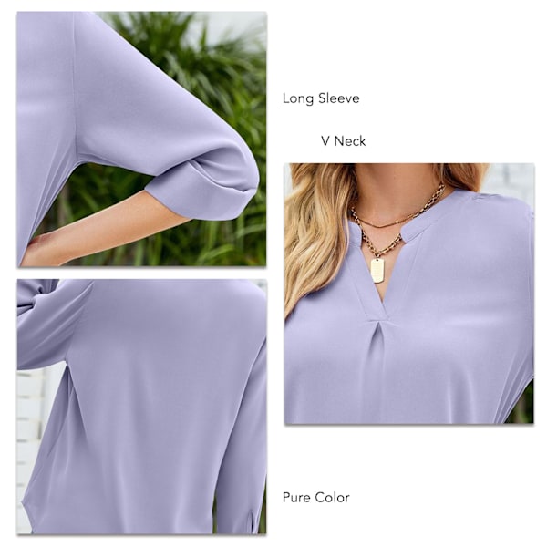Dam Långärmad Topp Enfärgad V-ringning Lös Passform Pullover Blus för Vardagsbruk Arbete Gata Lila XXL