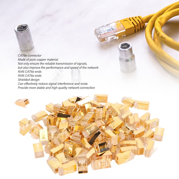 100 kpl RJ45 CAT6e läpivientiliittimiä, puhdasta kuparia, suojattu, Plug and Play, 8P8C Ethernet-kaapelin puristuspäät