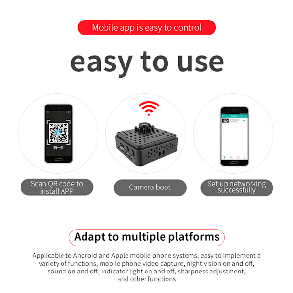 Ultrakompakt Mini Wifi-kamera för hemsäkerhet, automatisk infraröd förbättrad mörkerseende, kontinuerlig inspelning och enkel Wifi-installation