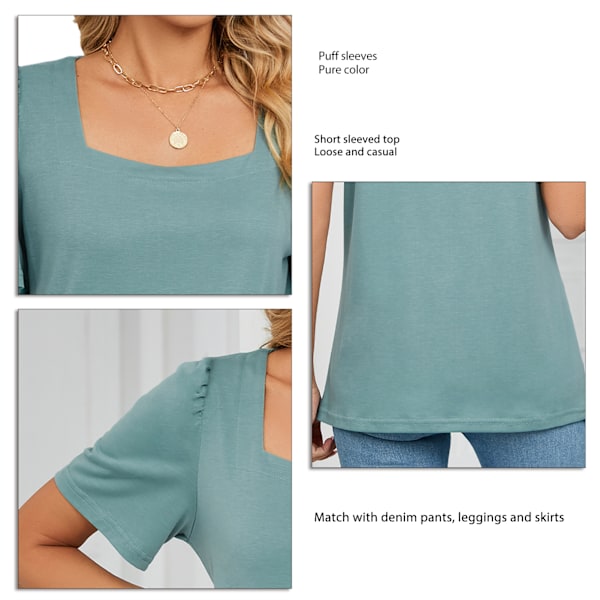 T-shirt med puffärm för damer, lös, ledig, elegant, enfärgad, kortärmad topp, blus för kontorsarbete, bön-grön M