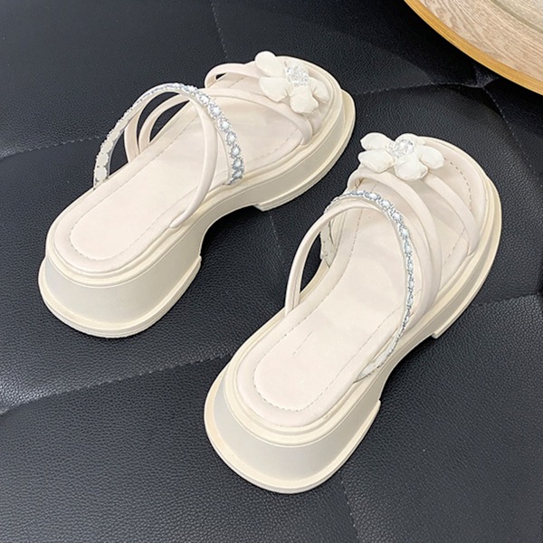 Slippers med öppen tå, tjock sula, blomdekoration, trendiga, avslappnade, bekväma sandaler för strand, shopping, resor, beige 36