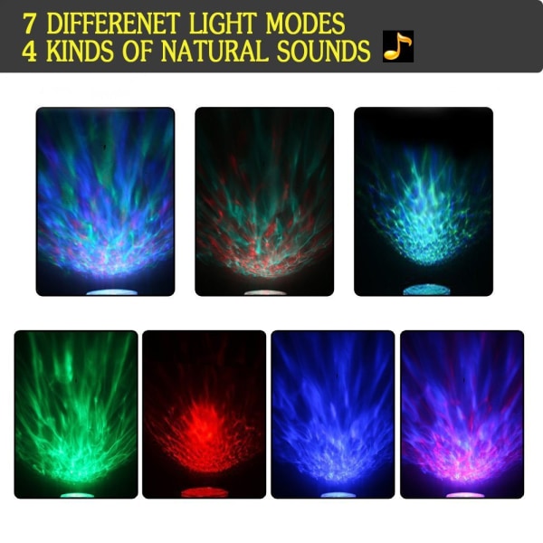 LED Ocean Wave Natlampe Projektor Med 7 Farver Lys Indbygget Blød Musik Sort