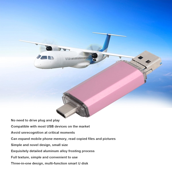 U Disk 3 i 1 Höghastighets USB3.0 Flash Disk i Roséguld av Aluminiumlegering för Mobiltelefoner och Datorer (256GB)
