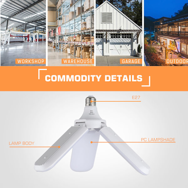 Superstarka LED-lampor för hopfällbara hushåll, 45W med 3200LM ljusflöde, justerbar vinkeldesign, ihålig pressgjuten värmeavledning,