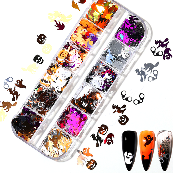Halloween Nail Art Sticker Dekaler, Nagelpaljetter färgglada Hallo