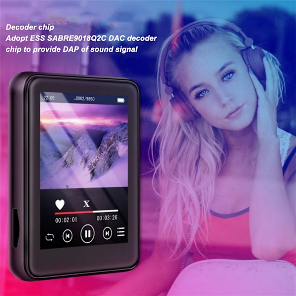 MP3-spelare 2,4 tum full touch-skärm HD brusreducering 4 GB stöd FM-radio inspelning Bluetooth 5.0 musikspelare för dagligen