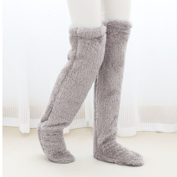 Over Knee Fuzzy Socks Vinter Hjem Sove Myk Tykk Pustende Plysj Strømper Benvarmer Grå