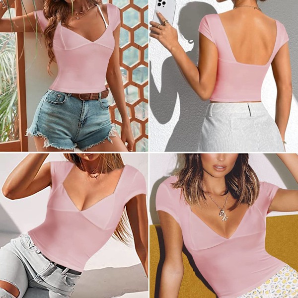 Kortärmad Djup V-ringad Topp Dam Casual Elegant Enfärgad Slim Fit Skjorta för Kontorsarbete Dejting Rosa XS